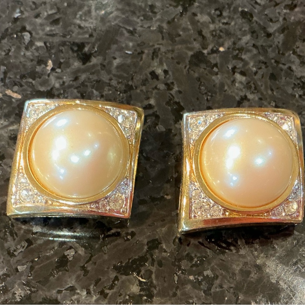 Gorgeous Nina Ricci Square Gold with Rhinestones and Cream Colored Faux Pearls